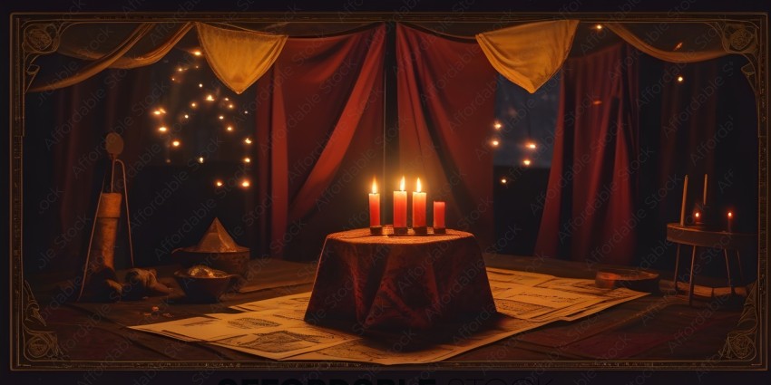 A table with candles and a red tablecloth