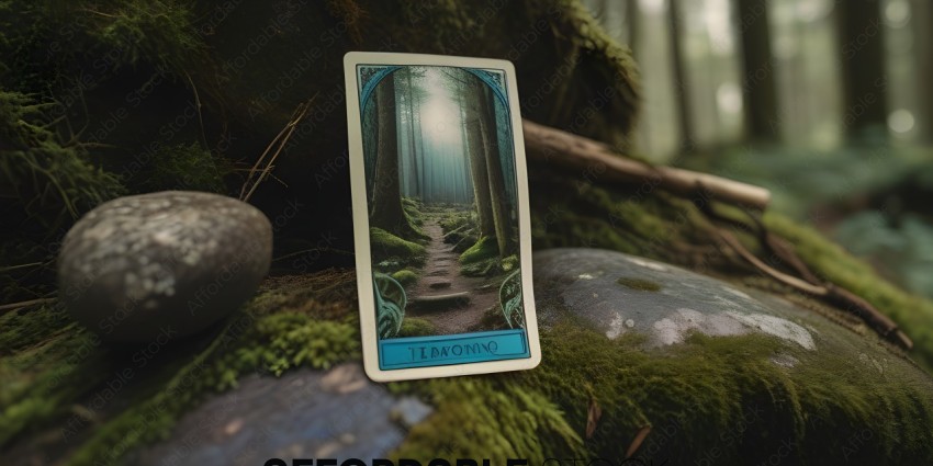 A green card with a forest scene on it