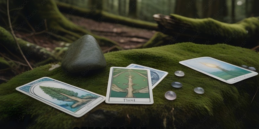 A collection of cards with a rock and moss