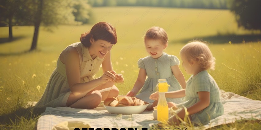A woman and two children are sitting on the grass eating bread