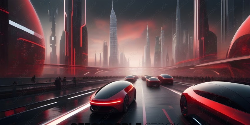 Futuristic Cityscape with Cars and People