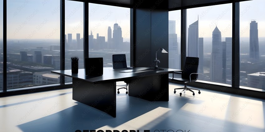 A black office desk with a city view