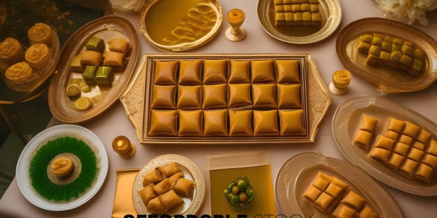 A table full of food, including a golden tray of food and a plate of food with a gold rim