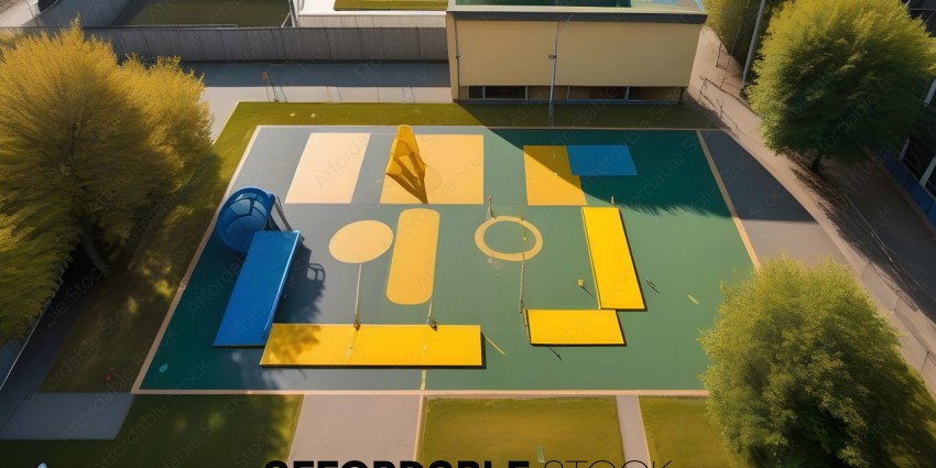 A playground with yellow and blue slides