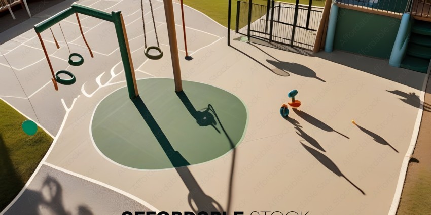A playground with a green and tan surface