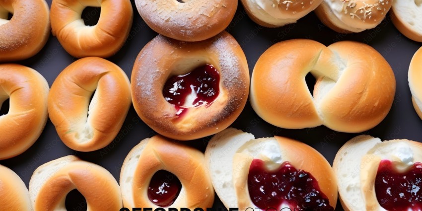 A close up of a variety of donuts with jelly