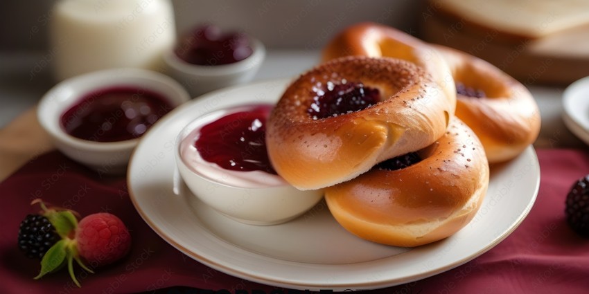 Plate of bagels with cream cheese and jelly