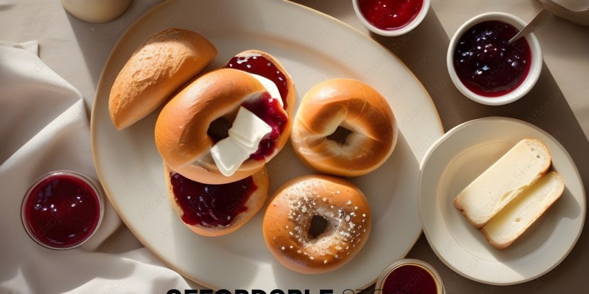 Plate of 4 bagels with cream cheese and jelly