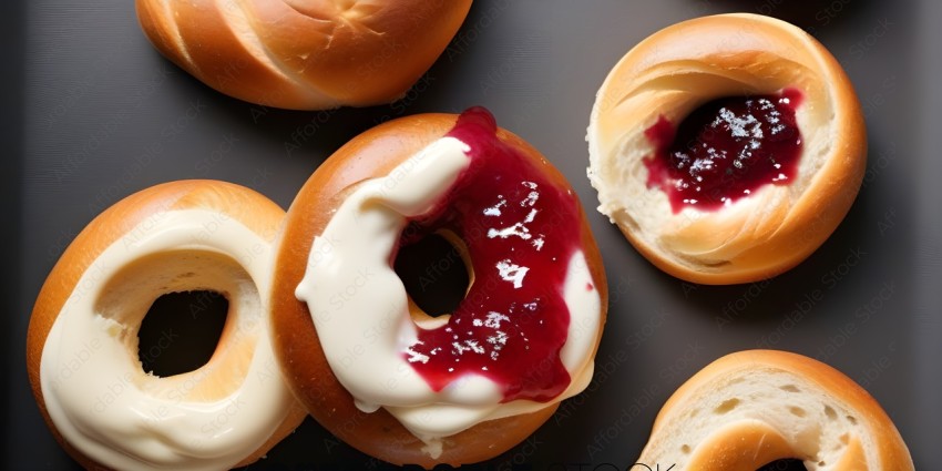 A close up of a donut with white frosting and red jam