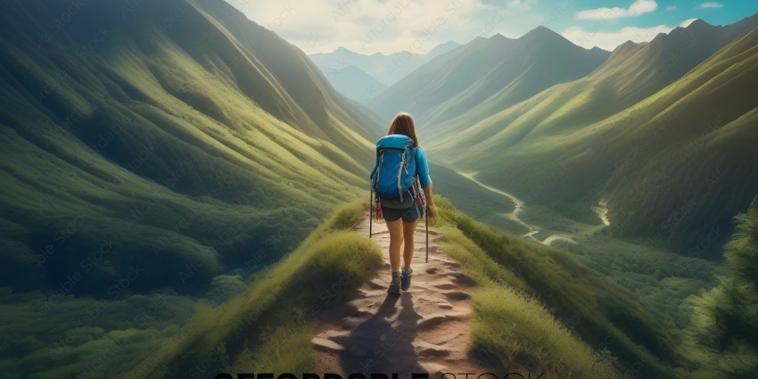 A woman wearing a blue backpack is walking on a trail