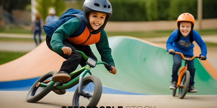 Boy on a bike, smiling, wearing a helmet