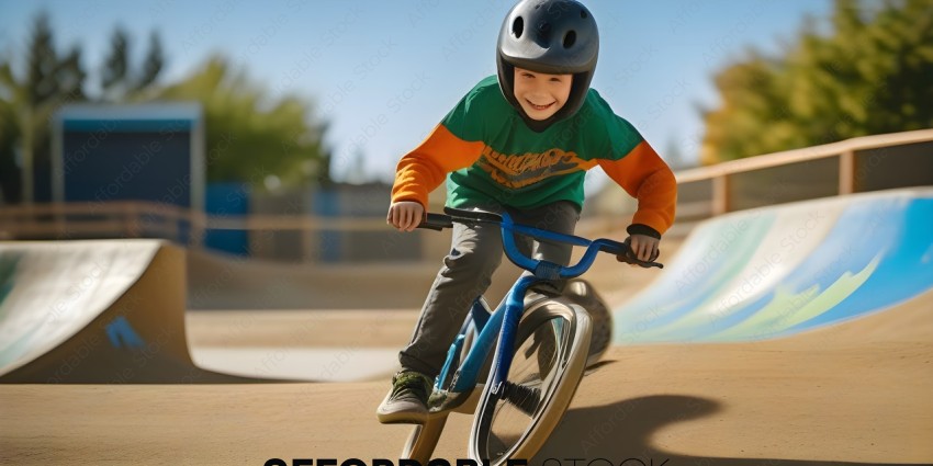 Boy on a blue bike with a helmet on