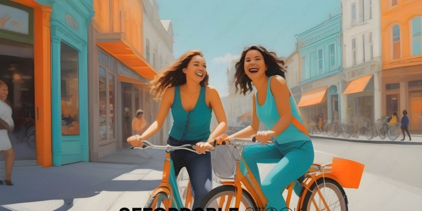 Two women riding bikes on a street