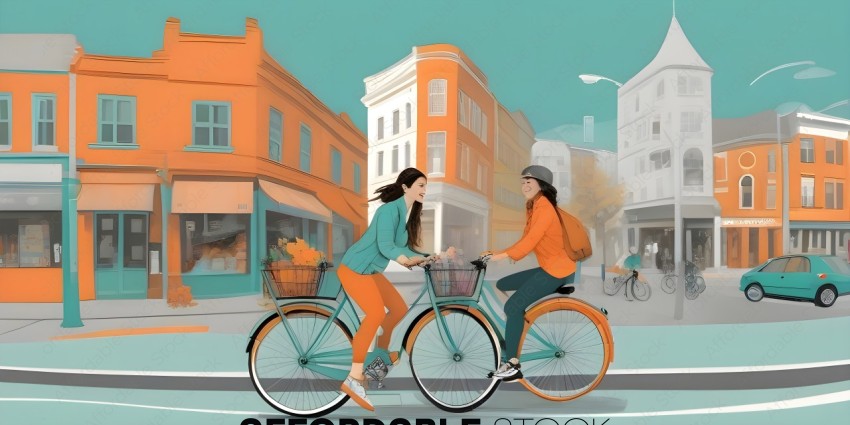 Two women on bicycles laughing and talking