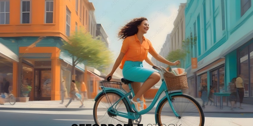 A woman in a blue skirt and orange shirt rides a blue bicycle