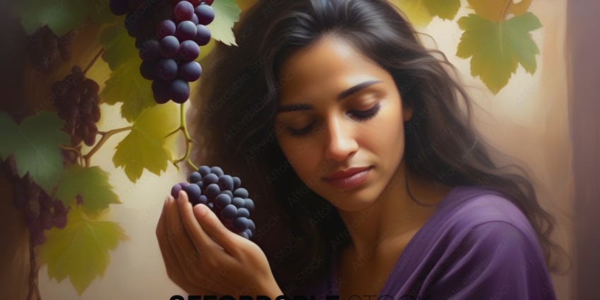 A woman holding grapes in a painting