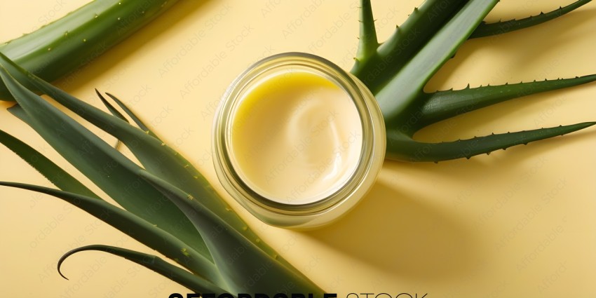 A jar of yellow cream with a plant background