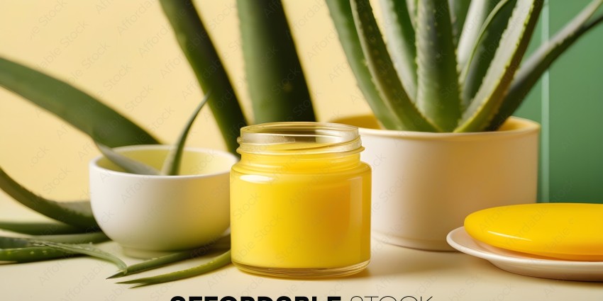 A jar of yellow cream with a plant in the background
