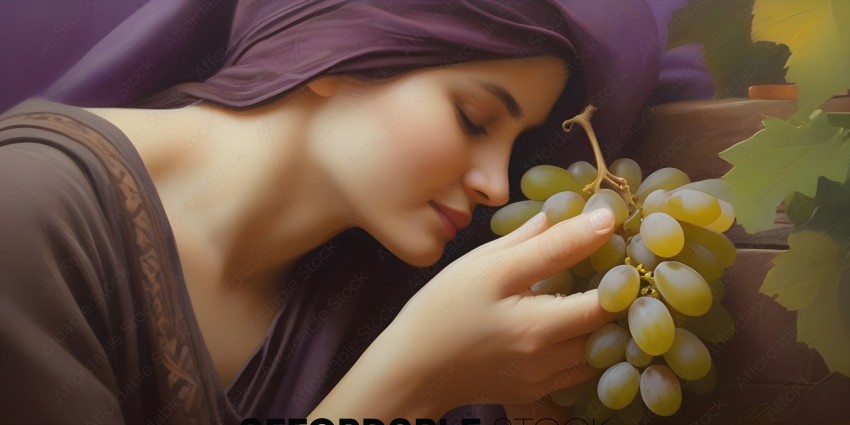 A woman in a purple dress is holding a bunch of grapes