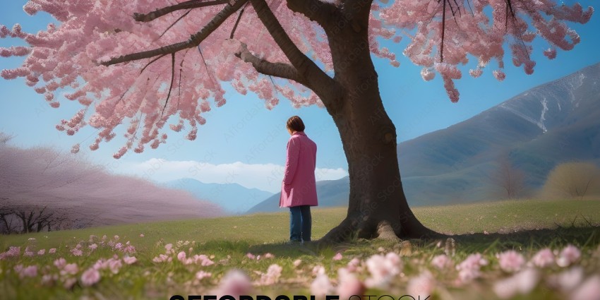 A person in a pink coat standing under a tree