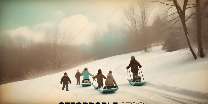 A group of people are pulling a sled through the snow