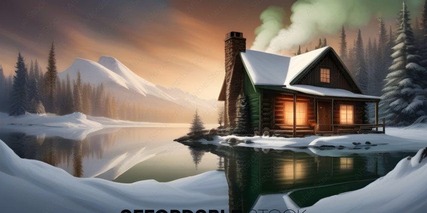 A painting of a log cabin with snow on the roof and a lake in the foreground