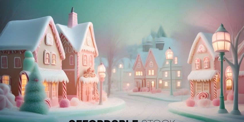 A snowy village with a gingerbread house