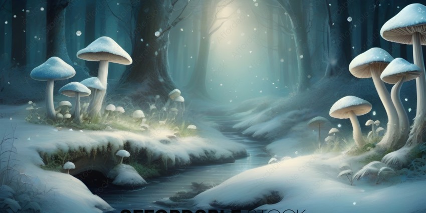 Snowy Forest with Mushrooms and Water