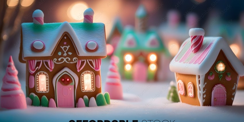 A series of gingerbread houses with lights on