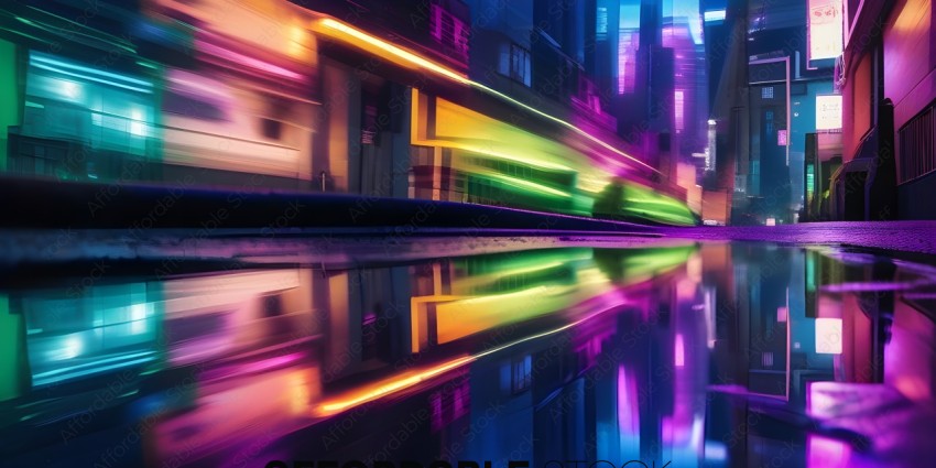 A blurry image of a city with a rainbow colored train