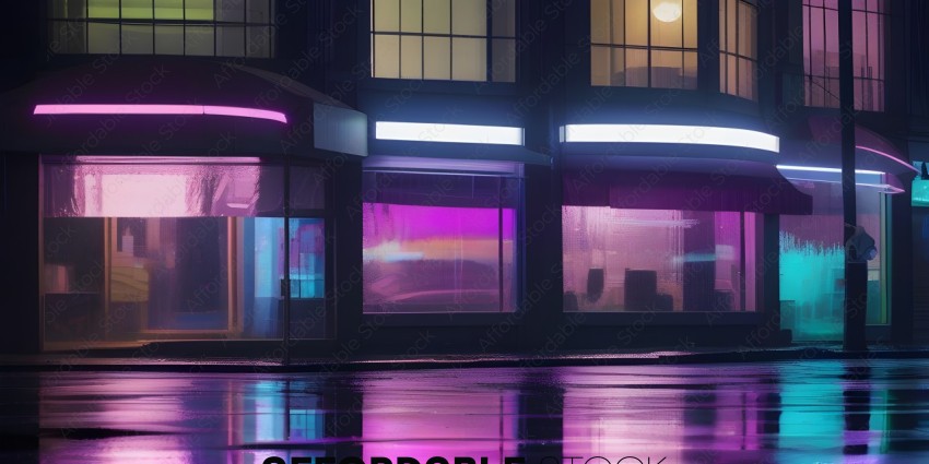 A city street at night with a pink and purple glow