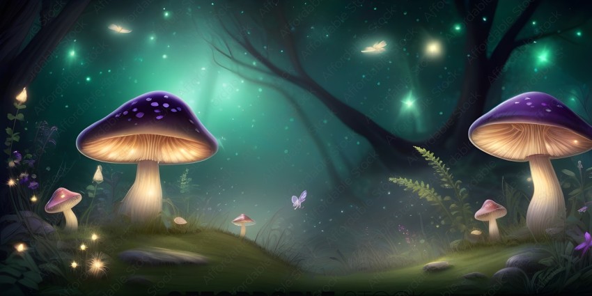 A mushroom in a forest with a butterfly and stars