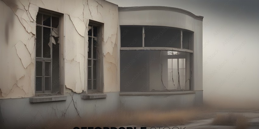 A rundown building with a broken window