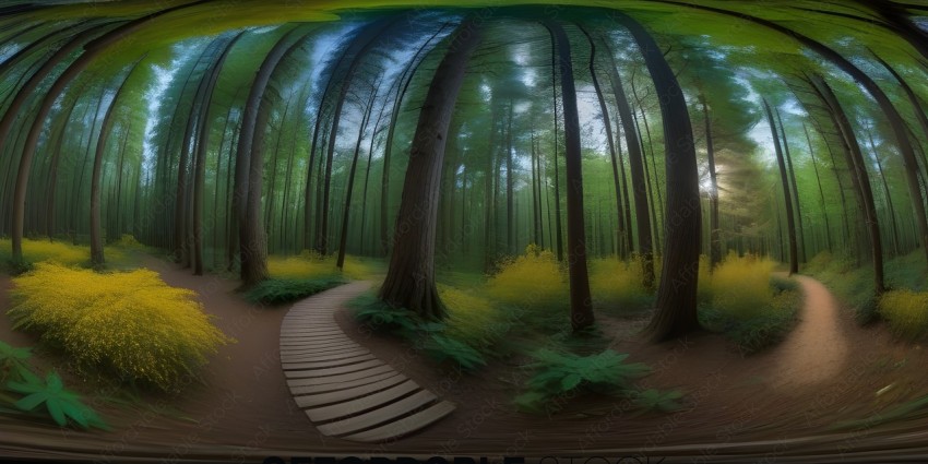 A pathway through a forest with a wooden walkway