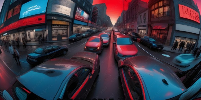Traffic jam on a busy city street at sunset