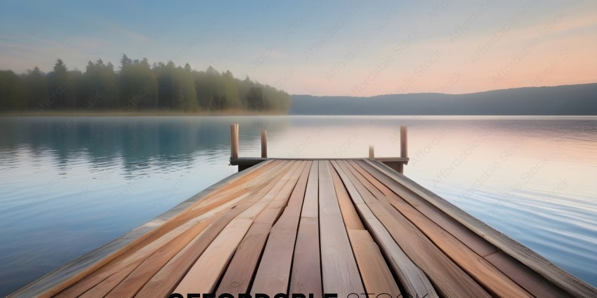 A wooden dock with a view of a lake