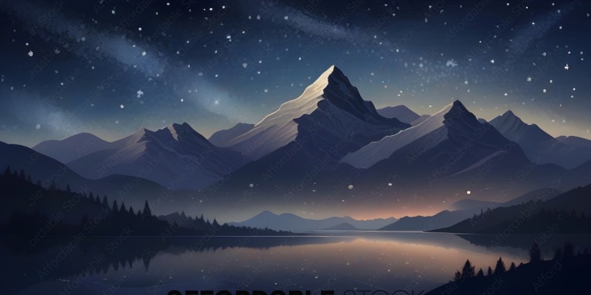 A mountain range with a lake and stars