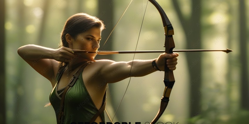 A woman in a green tank top holding a bow and arrow