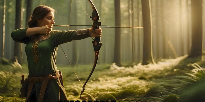 A young archer in a forest setting, holding a bow and arrow