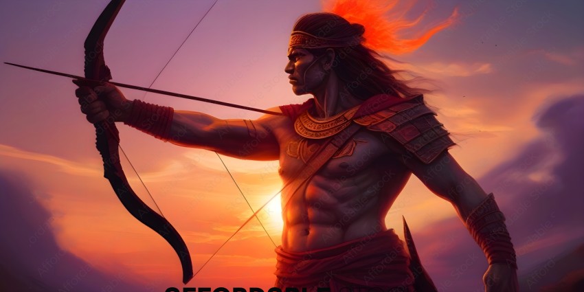 A muscular man with a bow and arrow, with a red sunset in the background