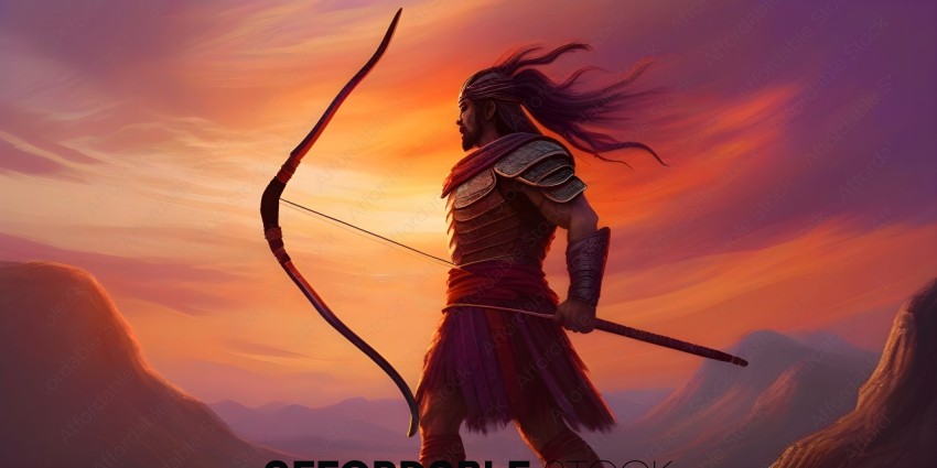 A warrior in a purple and red costume stands in front of a sunset
