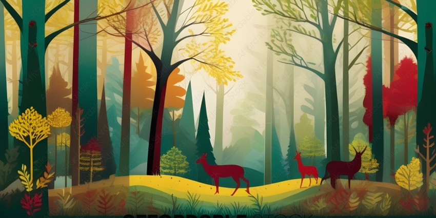 Two deer walking in a forest with trees and a yellow field