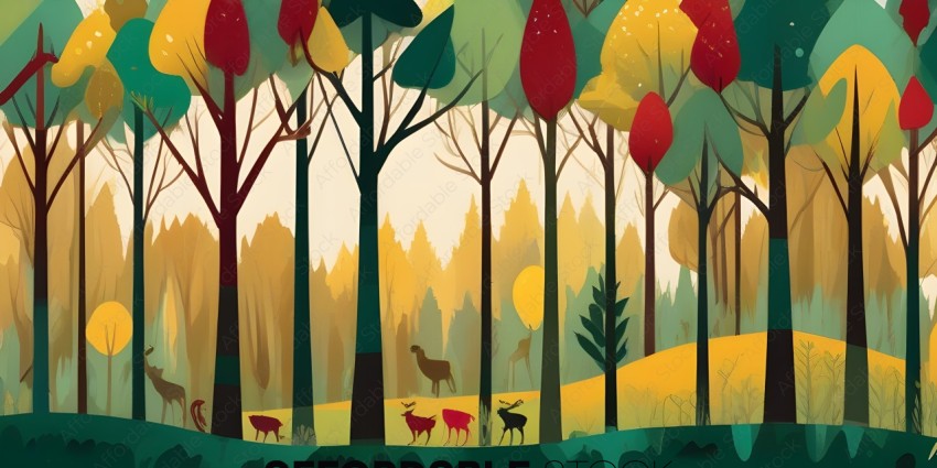 A painting of a forest with animals