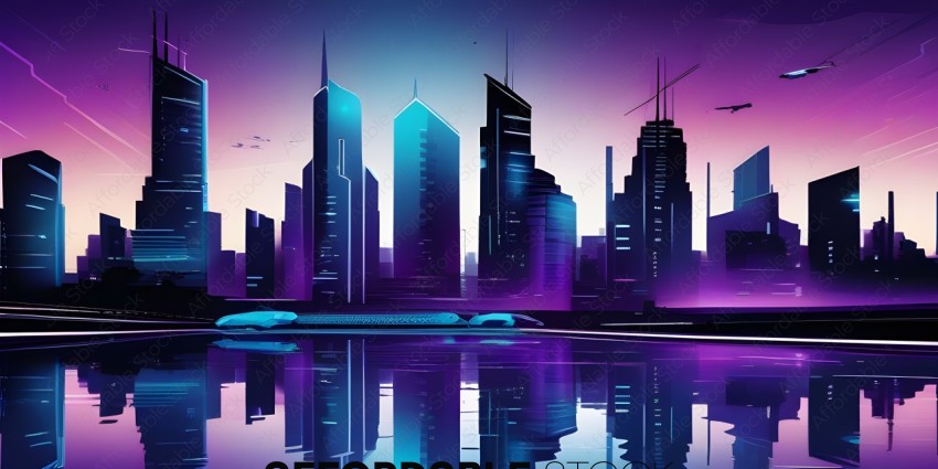 A cityscape with a purple sky and reflective water