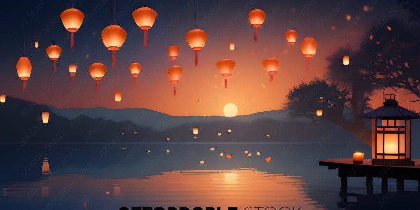 A beautiful sunset with many lanterns floating in the sky