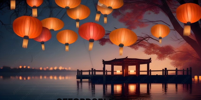 A serene scene of a small pavilion with lanterns