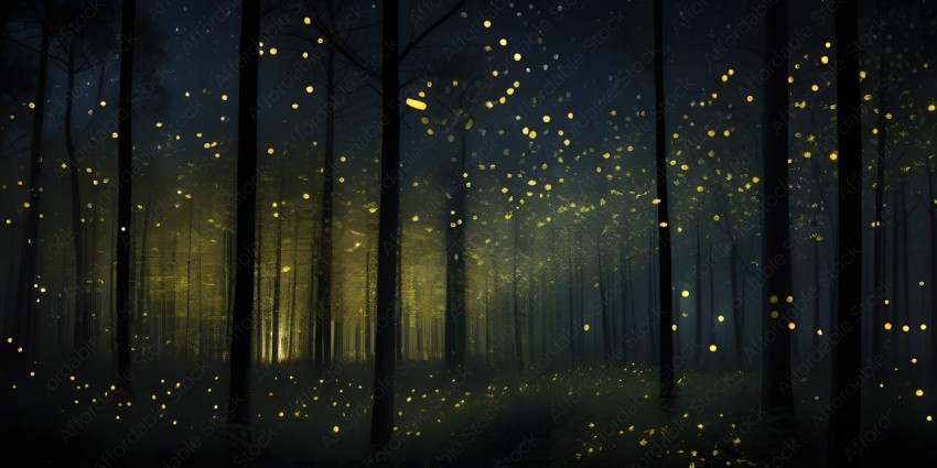 A forest with yellow lights in the background