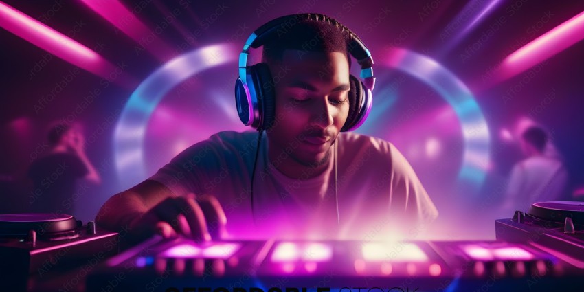 A man wearing headphones is playing music on a DJ board