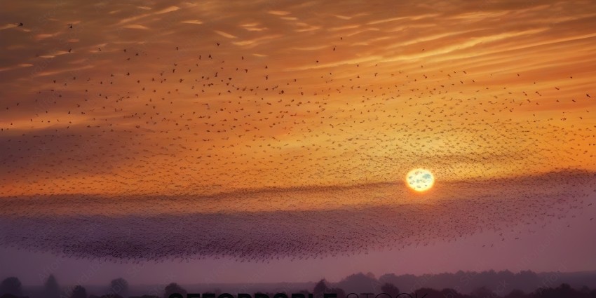 A large flock of birds flying in the sky at sunset