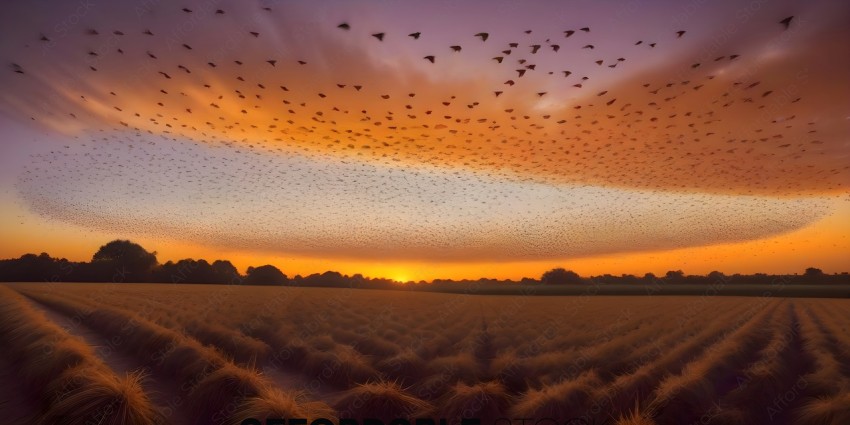 Flock of birds flying over a field at sunset